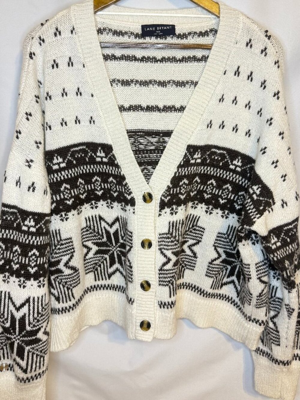 Lane Bryant Women's 18/20 Fair Isle Cardigan Sweater Ivory Black Button Front